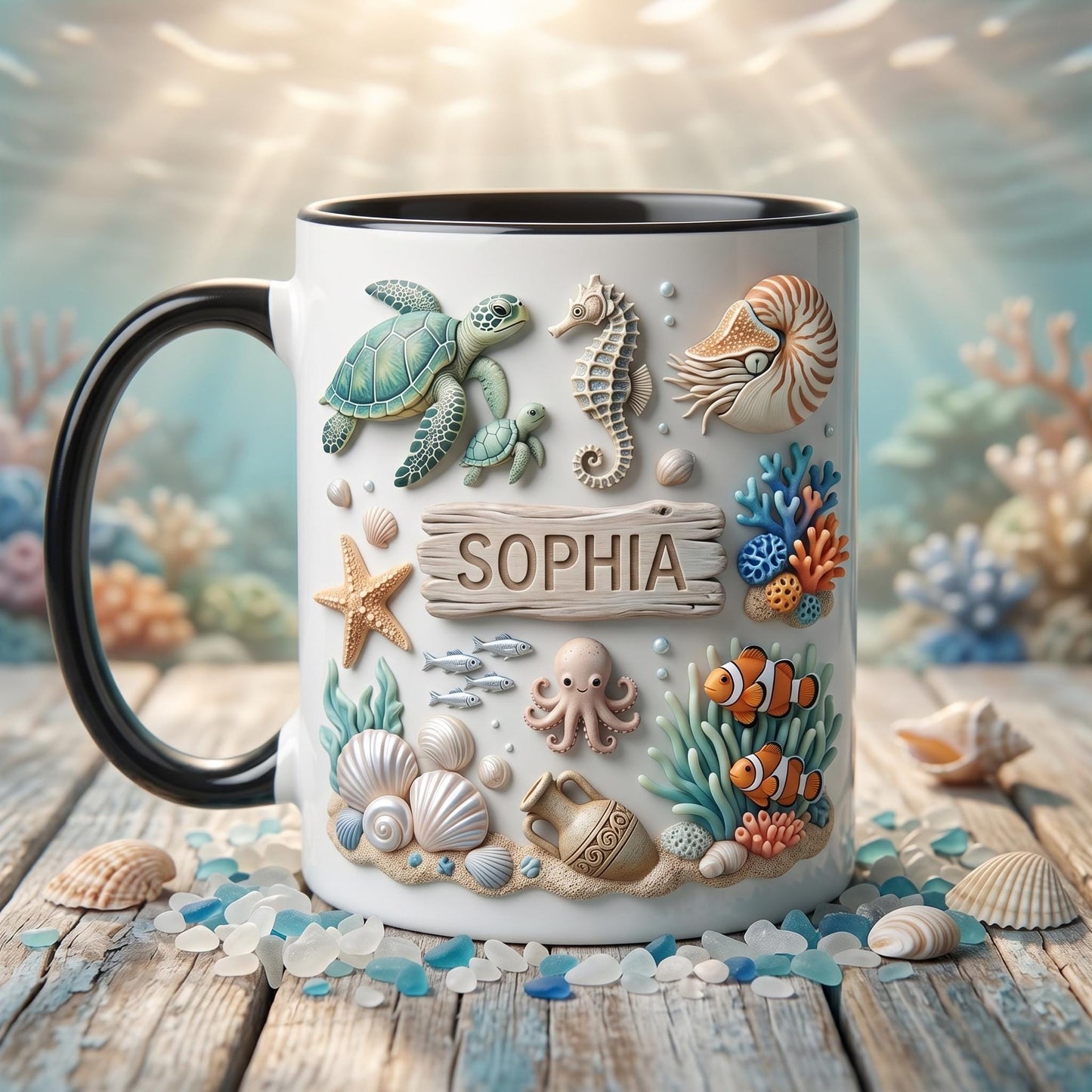 Custom Sophia Name Mug Personalized Sea Life Coffee Cup 3D Beach Theme Ceramic Mug Ocean Lover Birthday Gift Coastal Sea Shell Mug