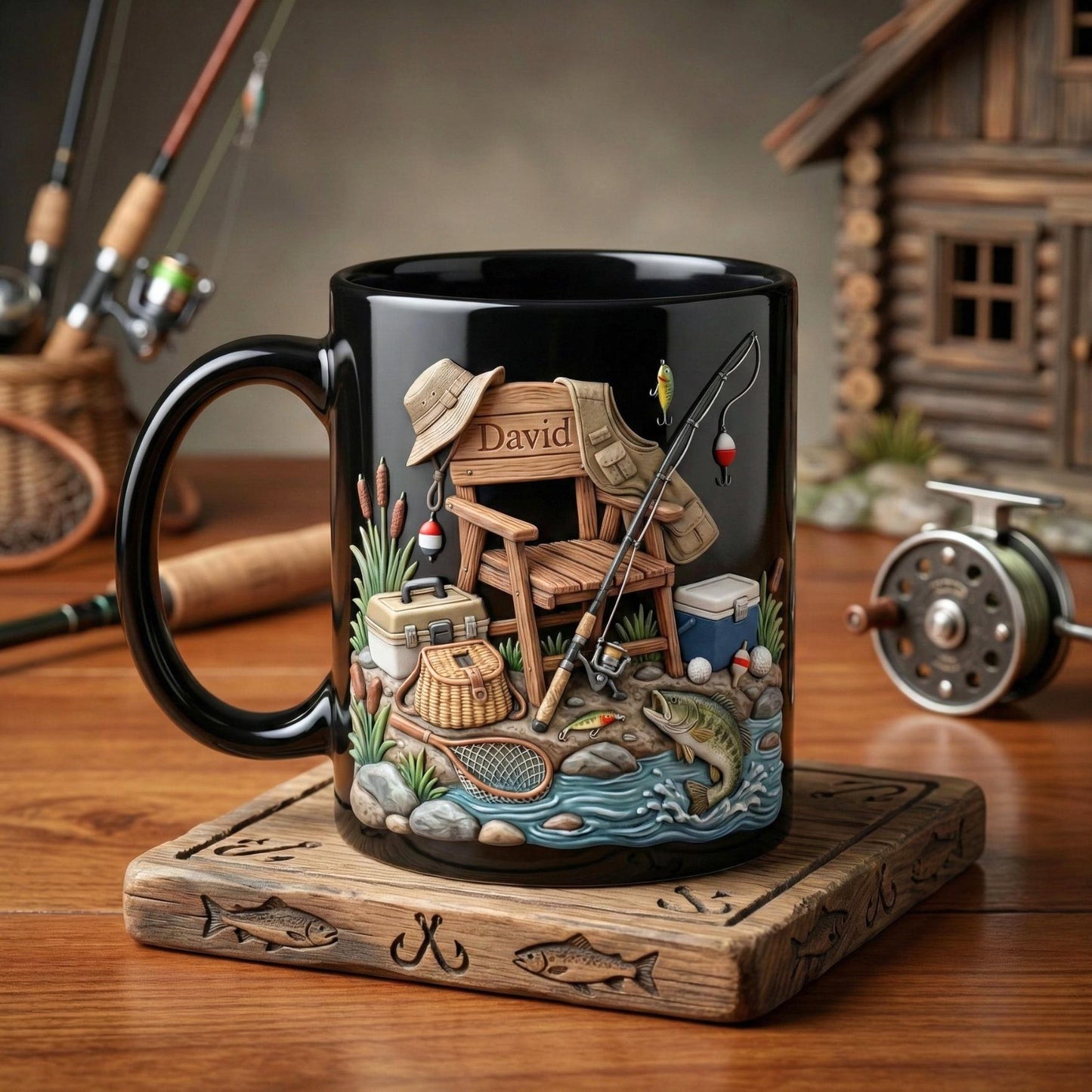 Custom Name Fishing Mug, Fishing Lures Coffee Accent Mug, Father's Day Gift for Grandpa Dad, Gift For Fisherman, Fishing Lover Cups