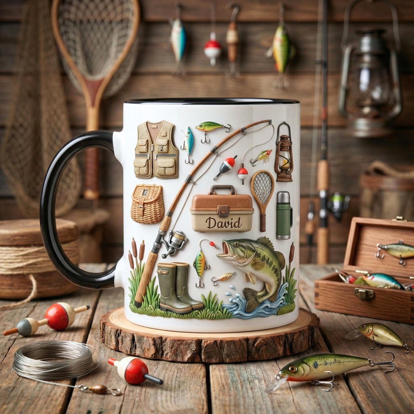 Custom Name Fishing Mug, Fishing Lures Coffee Accent Mug, Father's Day Gift for Grandpa Dad, Gift For Fisherman, Fishing Lover Cups