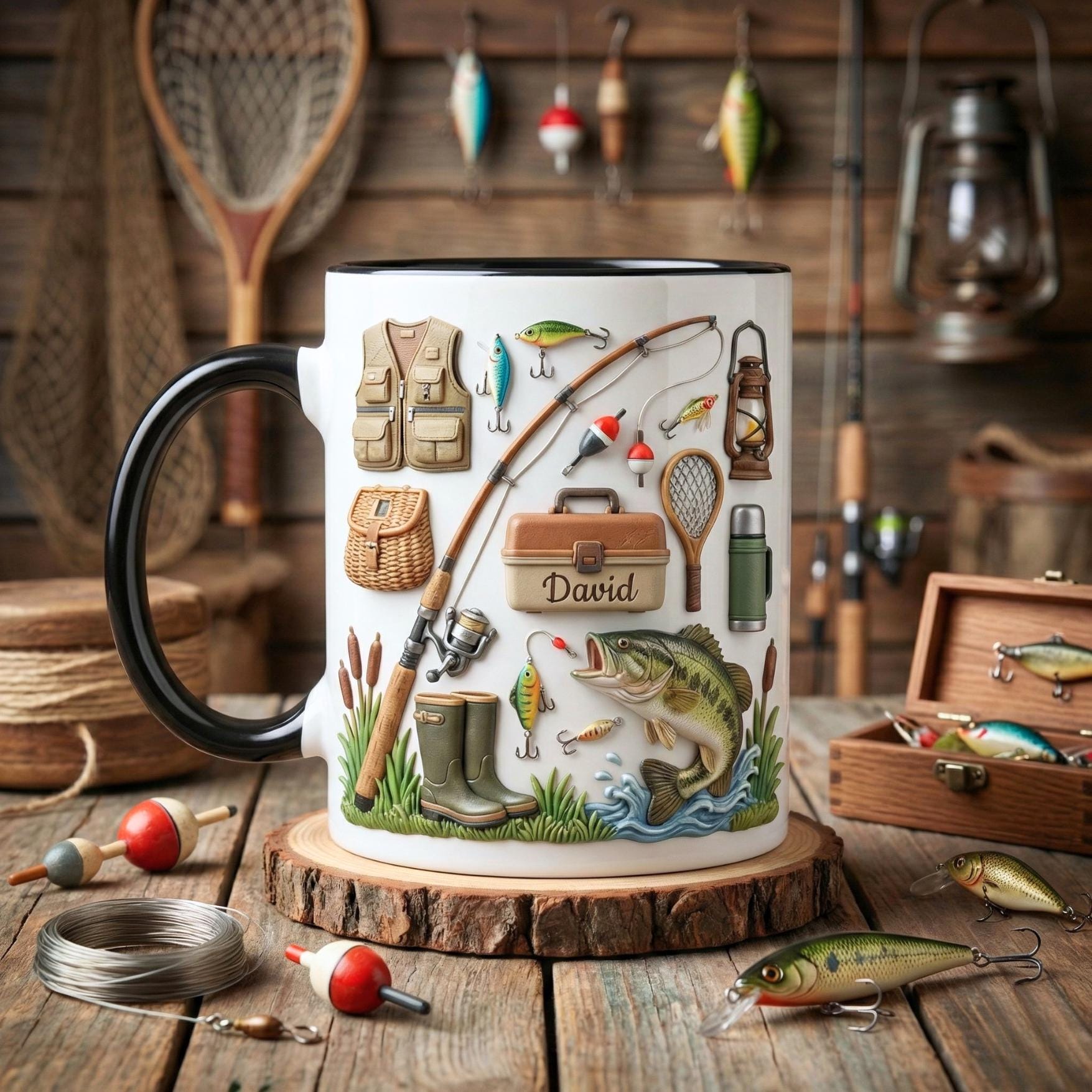 Custom Name Fishing Mug, Fishing Lures Coffee Accent Mug, Father's Day Gift for Grandpa Dad, Gift For Fisherman, Fishing Lover Cups