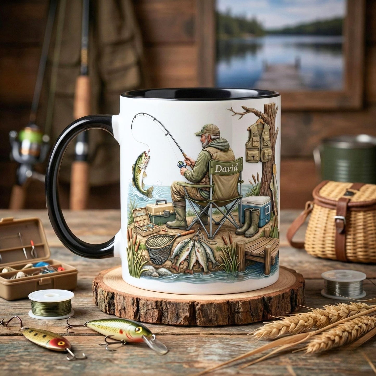 Custom Name Fishing Mug, Fishing Lures Coffee Accent Mug, Father's Day Gift for Grandpa Dad, Gift For Fisherman, Fishing Lover Cups