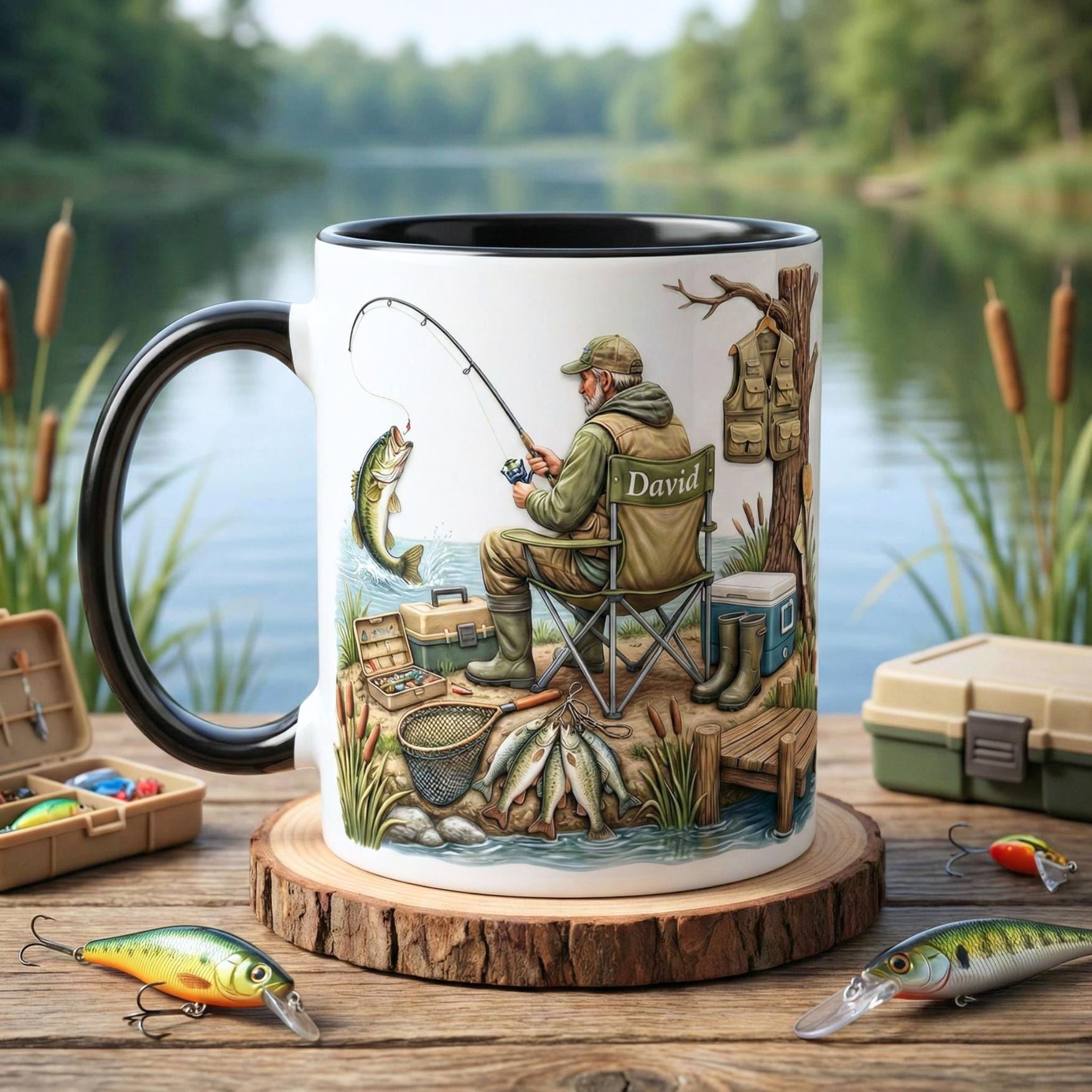 Custom Name Fishing Mug, Fishing Lures Coffee Accent Mug, Father's Day Gift for Grandpa Dad, Gift For Fisherman, Fishing Lover Cups