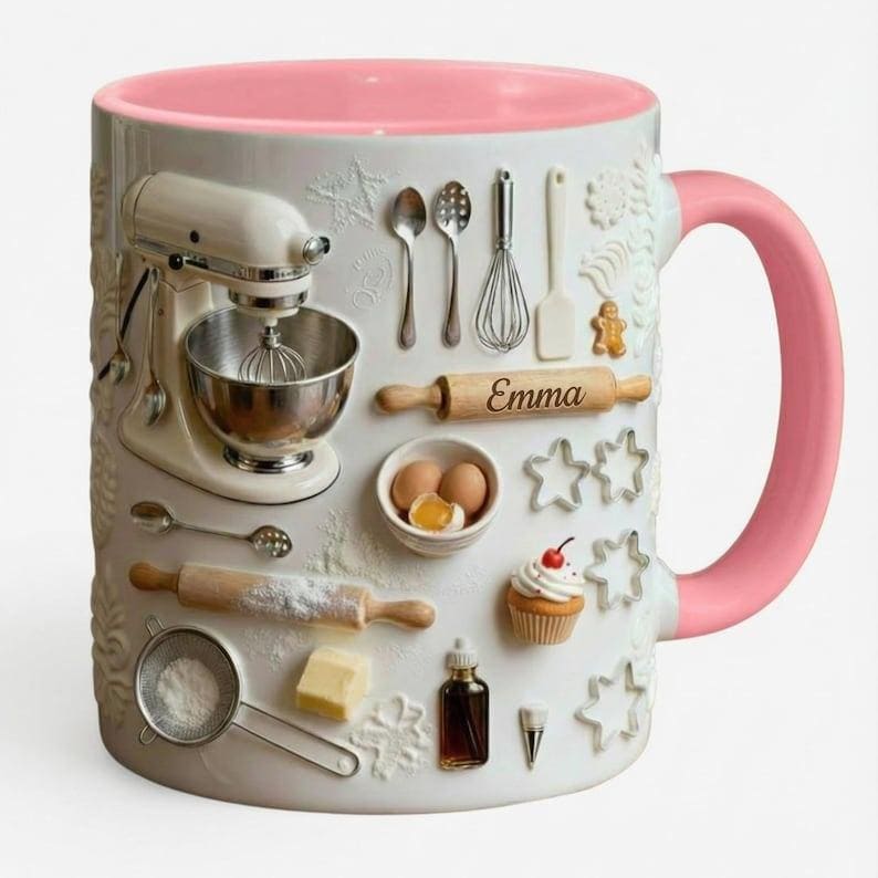 Love Baking Custom Name Mug, Personalized Cup, 11oz or 15oz Bakery Coffee Mugs, 3D Effect Mug
