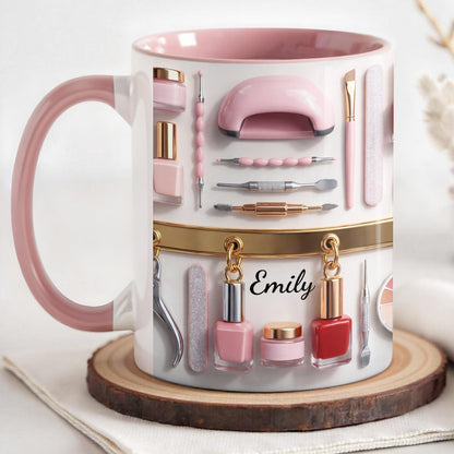 Custom Nail Tech 3D Effect Accent Mug, Nail Technician Tools Cup, Birthday Gift For Nail Artist Nail Technician Her, Nail Art Coffee Cup
