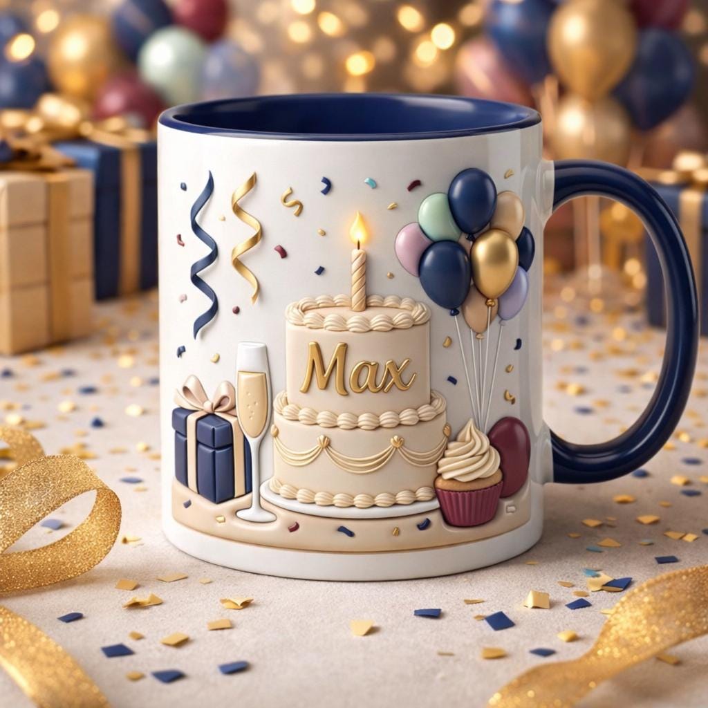Personalized Birthday Mug, Custom Name Coffee Cup, Elegant 3D Cake Design Gift