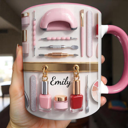 Custom Nail Tech 3D Effect Accent Mug, Nail Technician Tools Cup, Birthday Gift For Nail Artist Nail Technician Her, Nail Art Coffee Cup