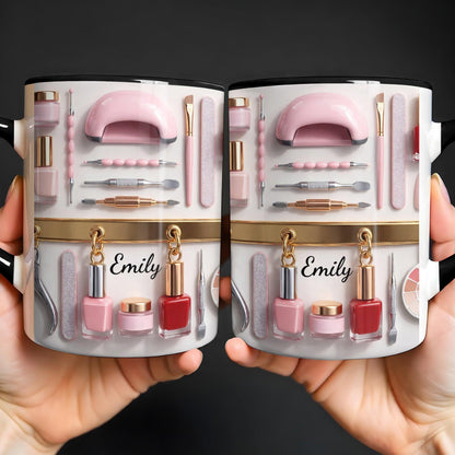 Custom Nail Tech 3D Effect Accent Mug, Nail Technician Tools Cup, Birthday Gift For Nail Artist Nail Technician Her, Nail Art Coffee Cup