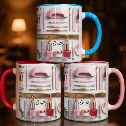 Custom Nail Tech 3D Effect Accent Mug, Nail Technician Tools Cup, Birthday Gift For Nail Artist Nail Technician Her, Nail Art Coffee Cup