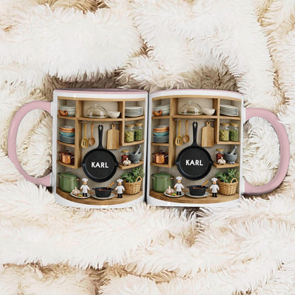 Personalized Chef Mug, Custom Name Kitchen Coffee Cup, 3D Cooking Shelf Design Gift for Dad Husband