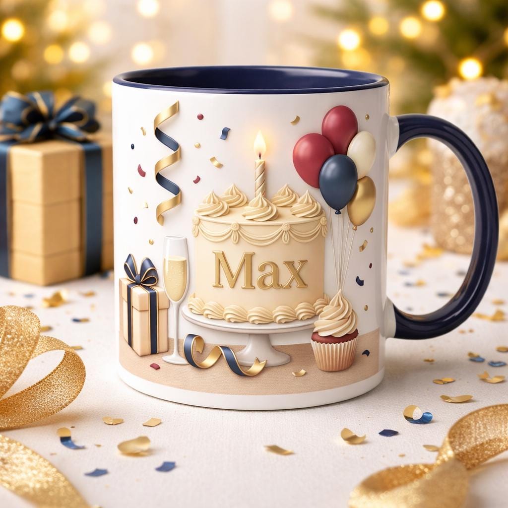 Personalized Birthday Mug, Custom Name Coffee Cup, Elegant 3D Cake Design Gift