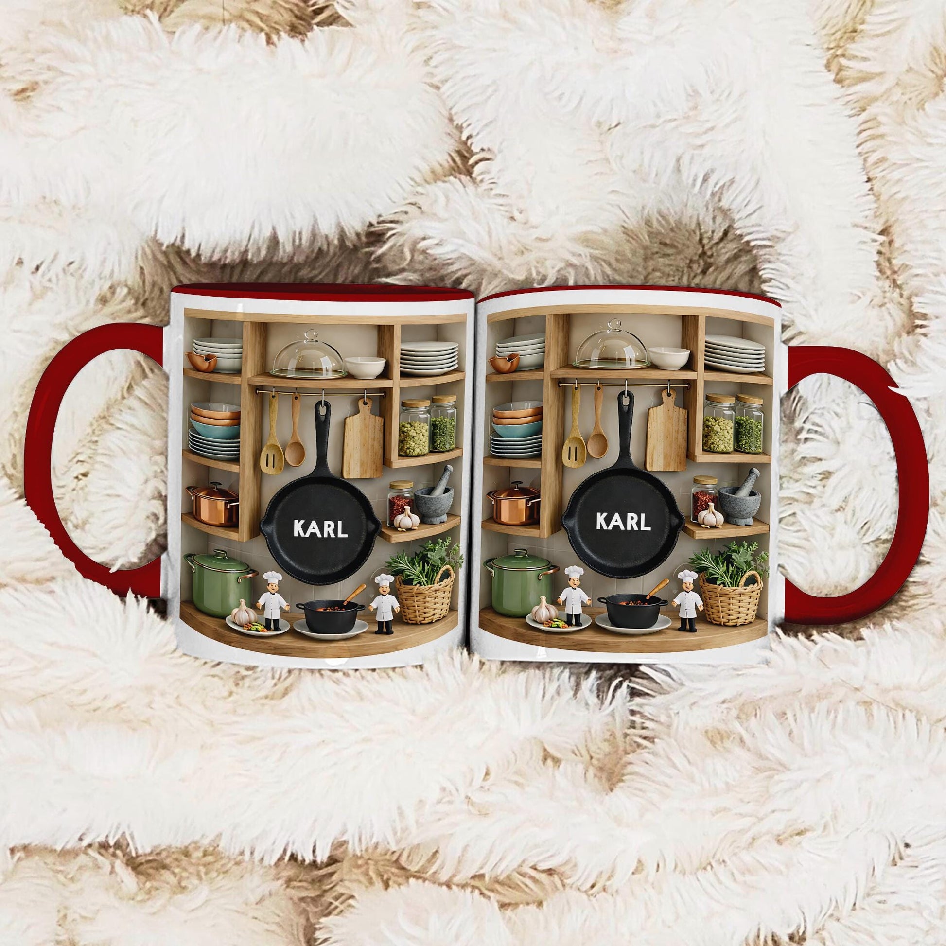 Personalized Chef Mug, Custom Name Kitchen Coffee Cup, 3D Cooking Shelf Design Gift for Dad Husband