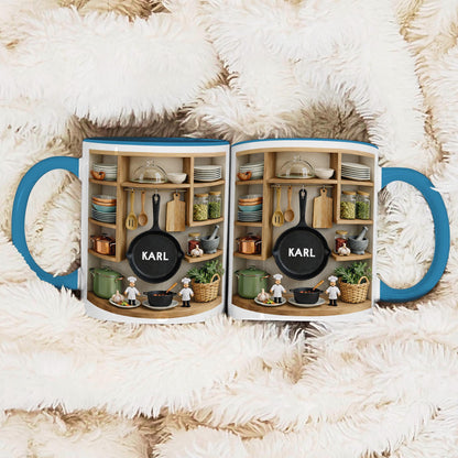 Personalized Chef Mug, Custom Name Kitchen Coffee Cup, 3D Cooking Shelf Design Gift for Dad Husband