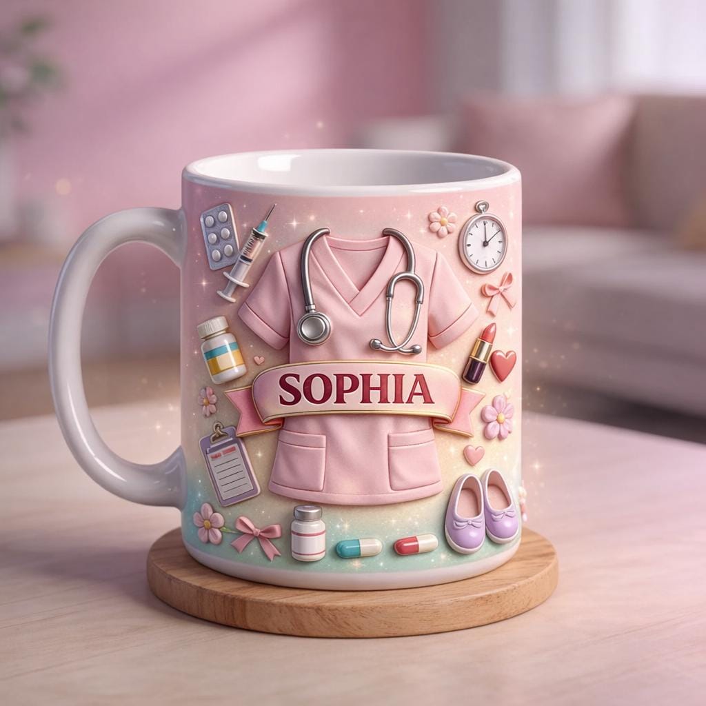Personalized Nurse Mug, Custom Name Nurse Coffee Mug, Cute Pink Scrubs Mug, Gift For Nurse Graduation Or Nurse Appreciation