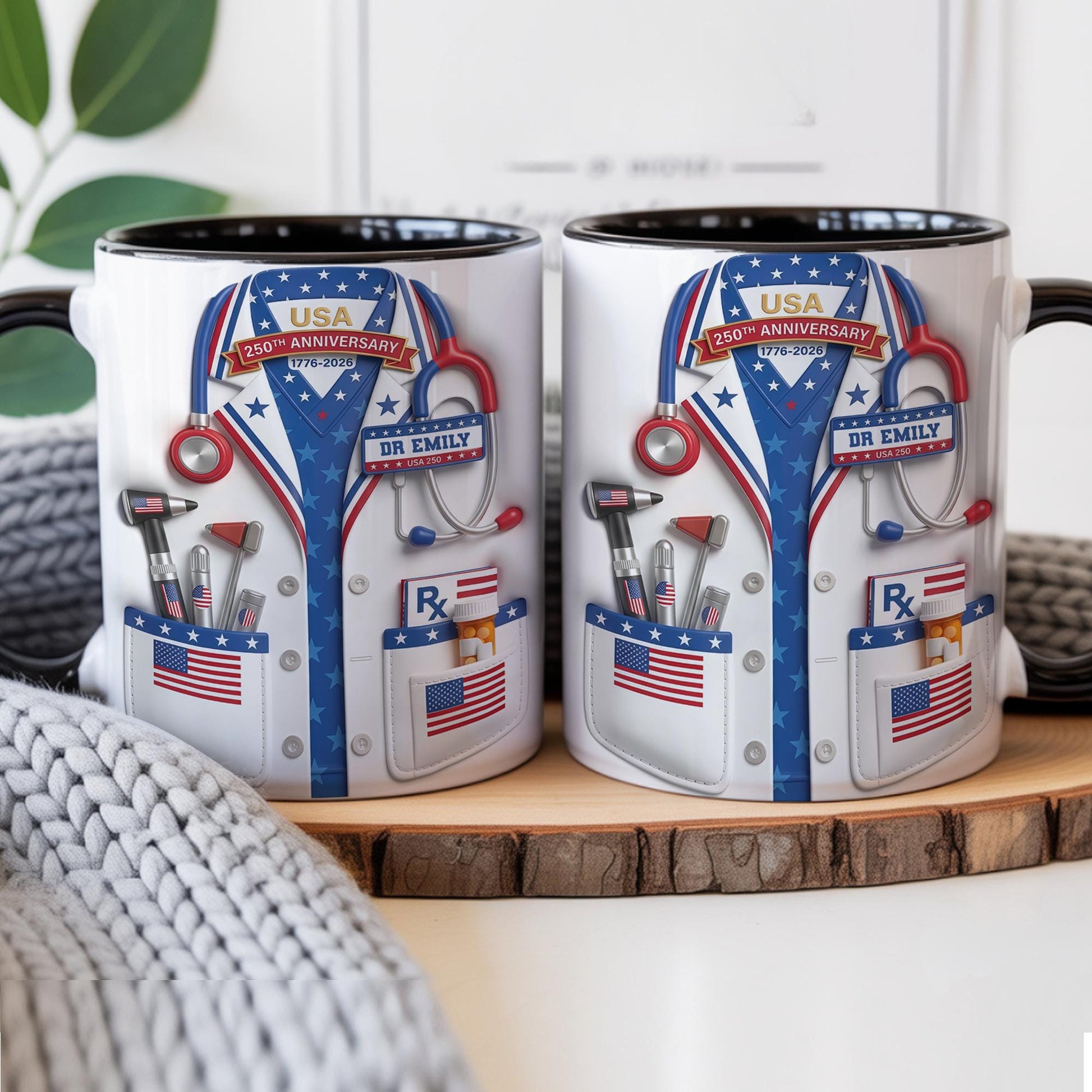Custom USA 250th Anniversary Physician Lab Coat Coffee Mug, Personalized Doctor Accent Mug with Name, Gift For Doctors 4th of July