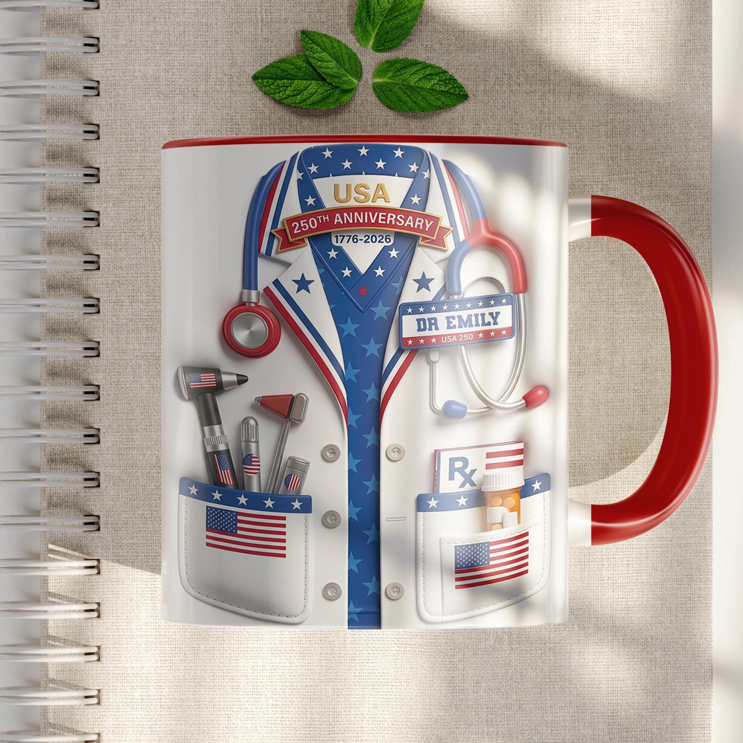 Custom USA 250th Anniversary Physician Lab Coat Coffee Mug, Personalized Doctor Accent Mug with Name, Gift For Doctors 4th of July