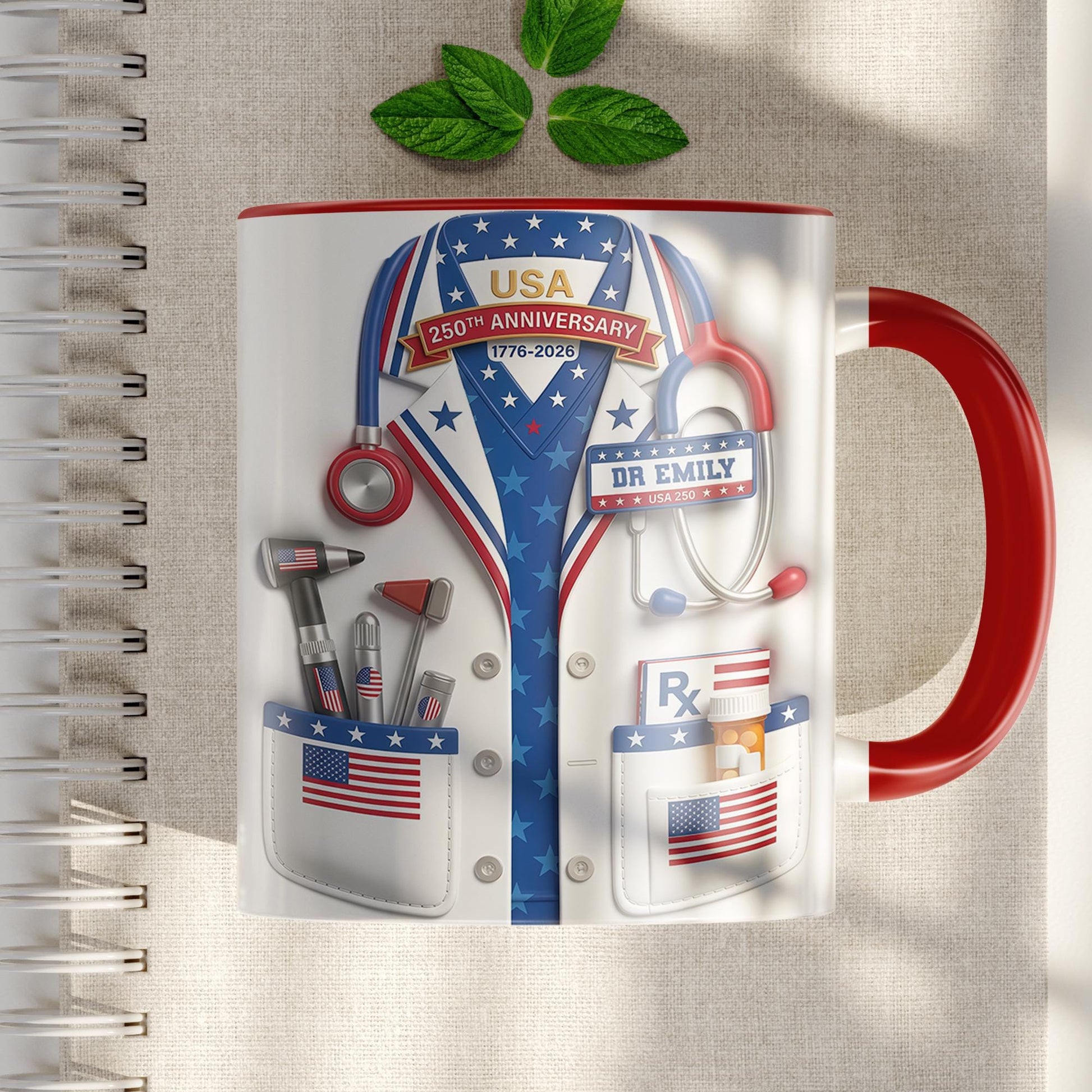 Custom USA 250th Anniversary Physician Lab Coat Coffee Mug, Personalized Doctor Accent Mug with Name, Gift For Doctors 4th of July