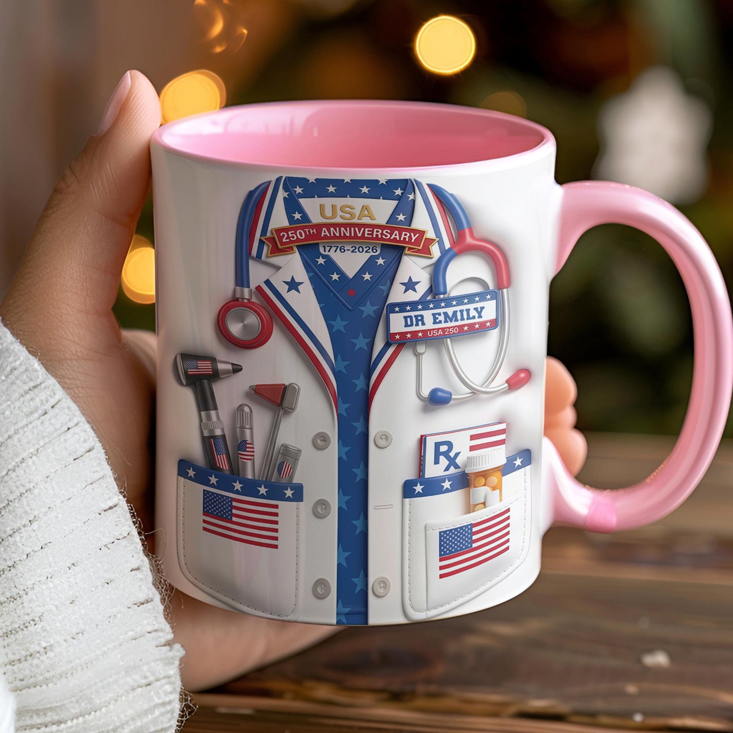 Custom USA 250th Anniversary Physician Lab Coat Coffee Mug, Personalized Doctor Accent Mug with Name, Gift For Doctors 4th of July