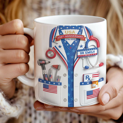 Custom USA 250th Anniversary Physician Lab Coat Coffee Mug, Personalized Doctor Accent Mug with Name, Gift For Doctors 4th of July