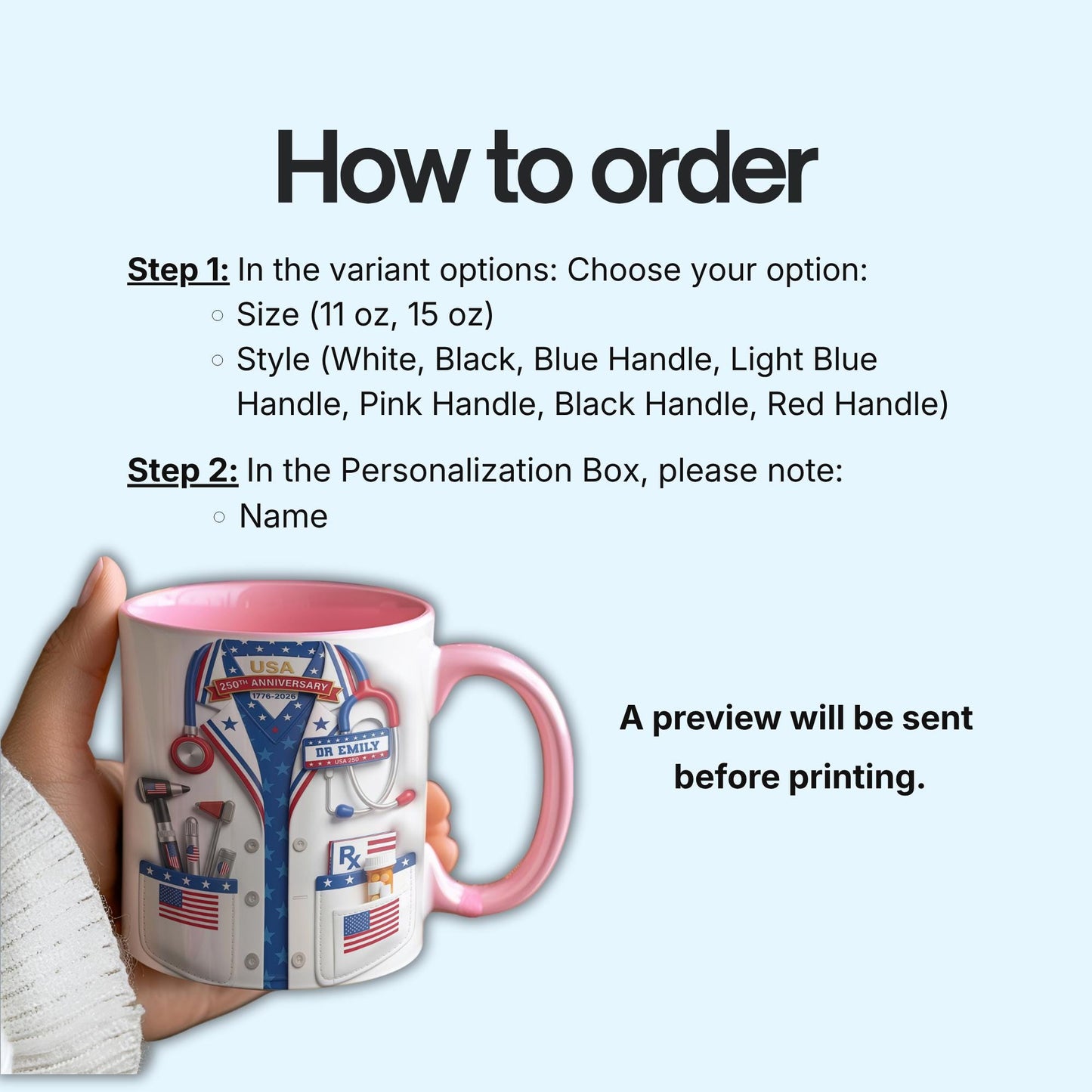 Custom USA 250th Anniversary Physician Lab Coat Coffee Mug, Personalized Doctor Accent Mug with Name, Gift For Doctors 4th of July