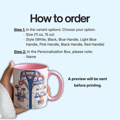 Custom USA 250th Anniversary Physician Lab Coat Coffee Mug, Personalized Doctor Accent Mug with Name, Gift For Doctors 4th of July