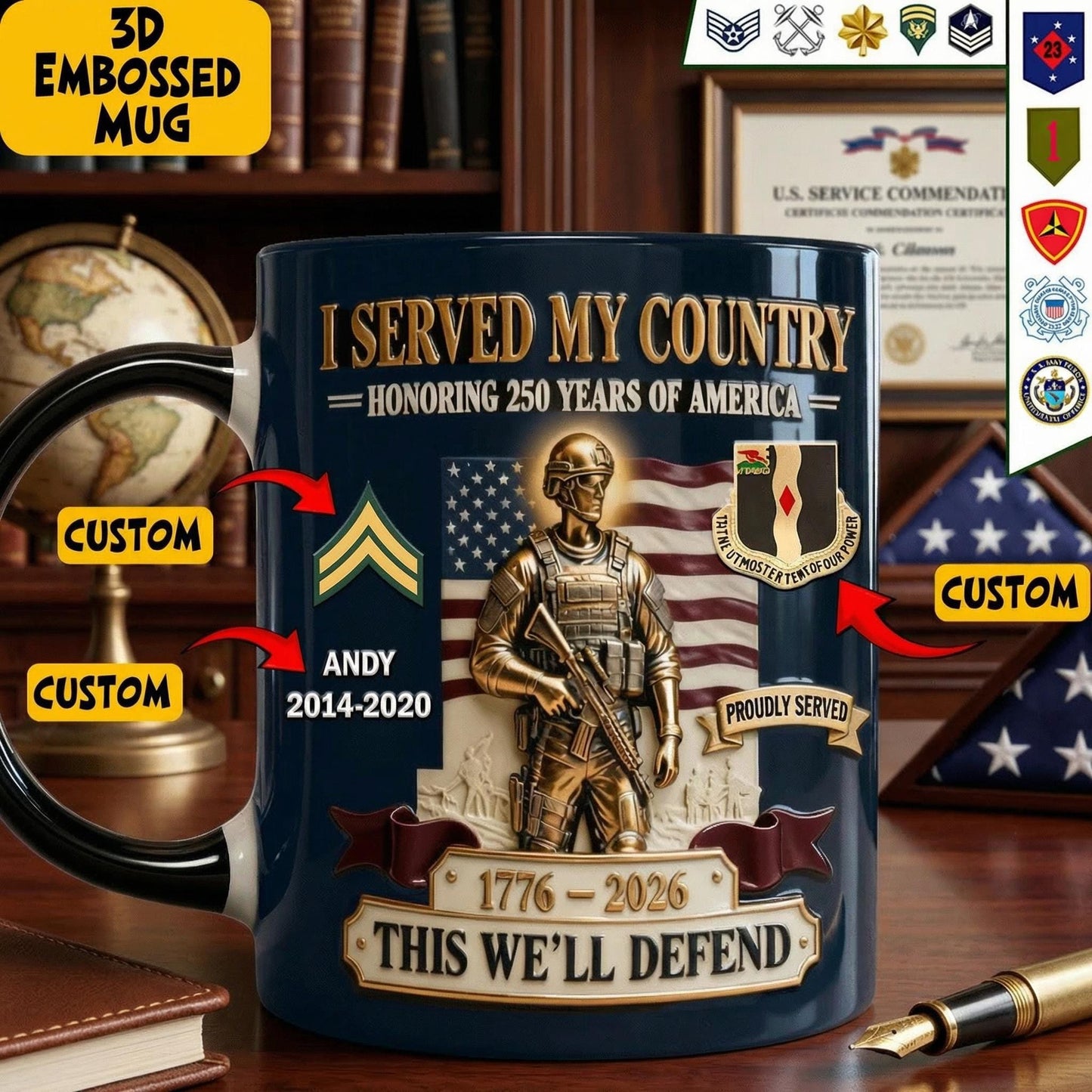 Custom Military Veteran Mug, 3D Embossed Soldier, 250 Years America Coffee Cup