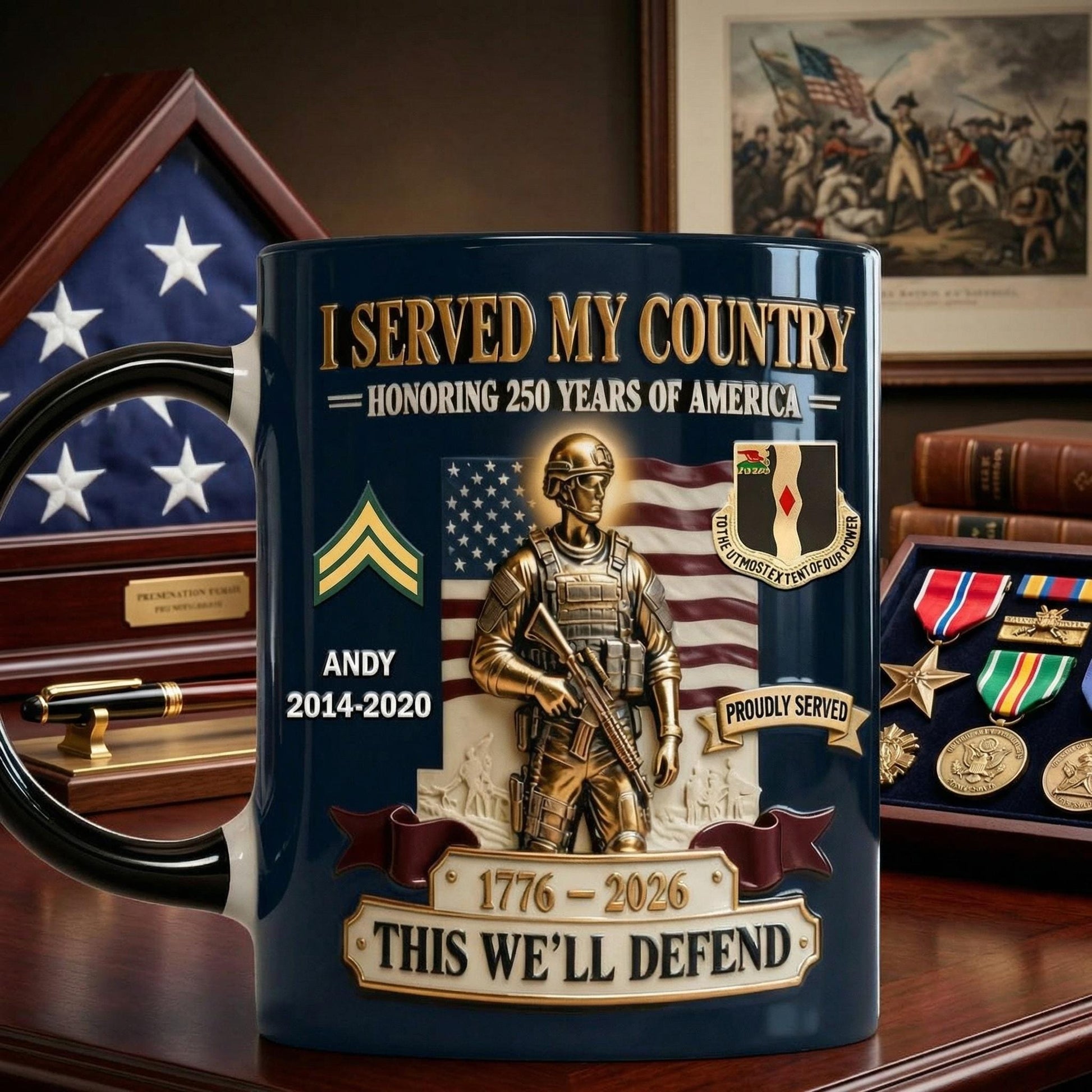 Custom Military Veteran Mug, 3D Embossed Soldier, 250 Years America Coffee Cup