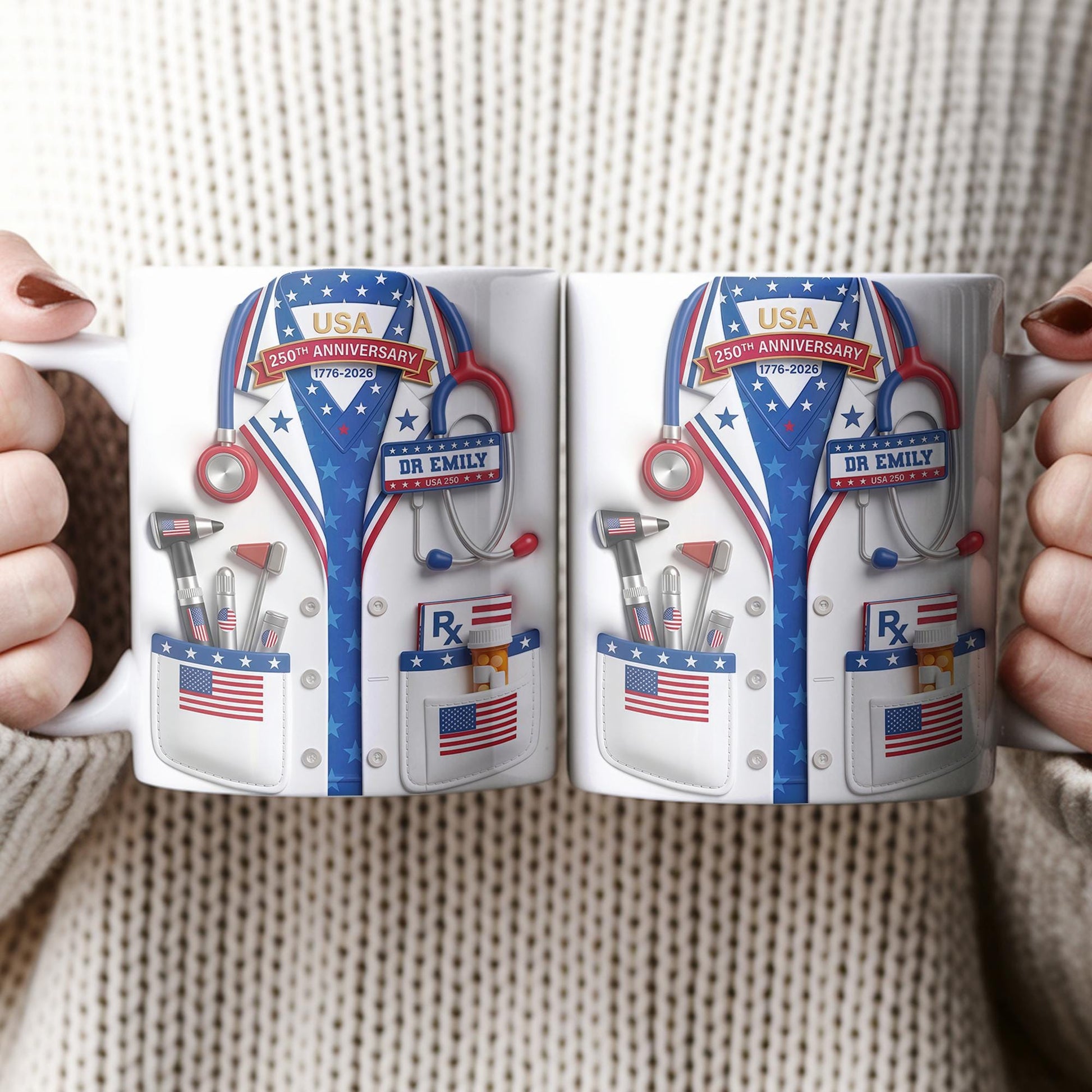 Custom USA 250th Anniversary Physician Lab Coat Coffee Mug, Personalized Doctor Accent Mug with Name, Gift For Doctors 4th of July