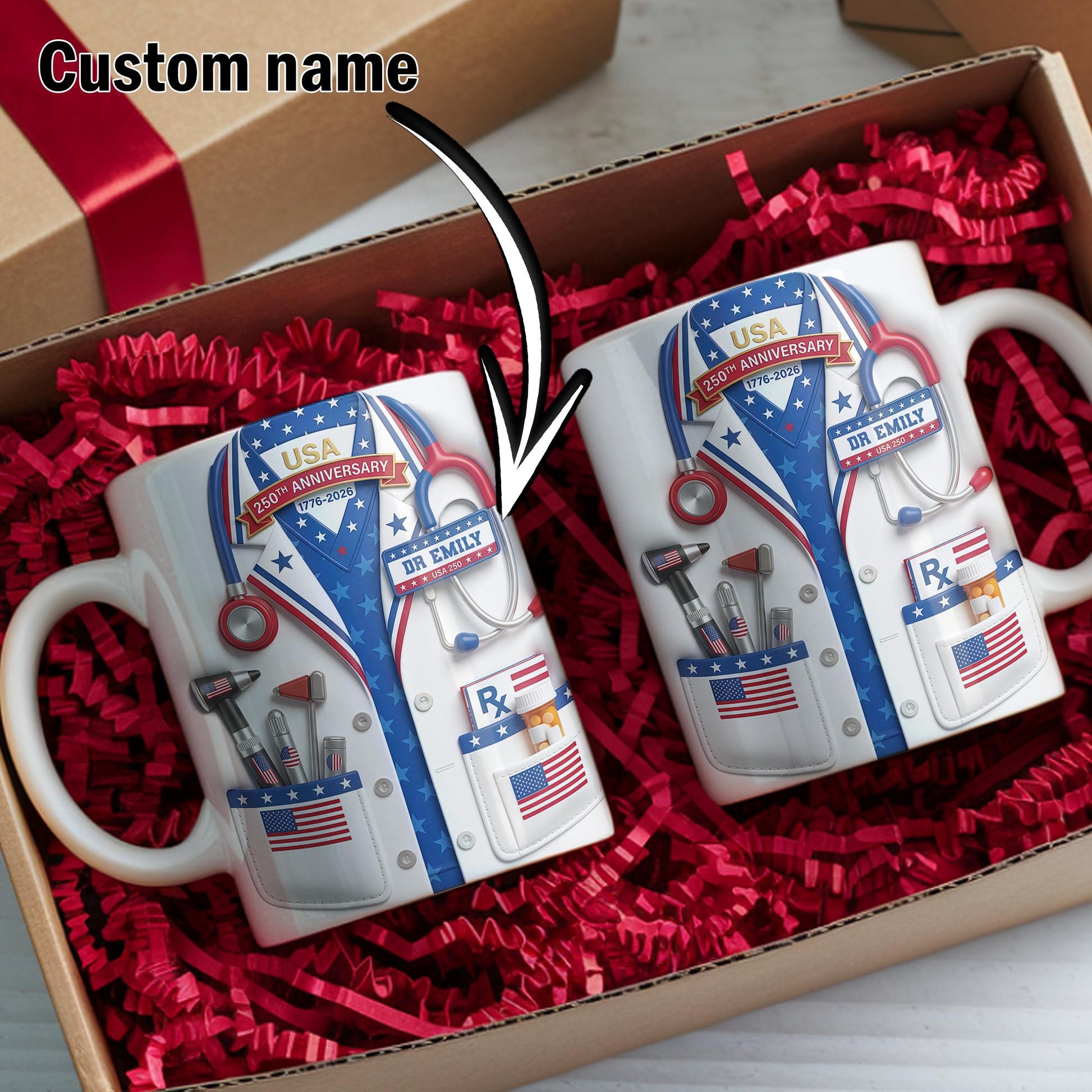 Custom USA 250th Anniversary Physician Lab Coat Coffee Mug, Personalized Doctor Accent Mug with Name, Gift For Doctors 4th of July
