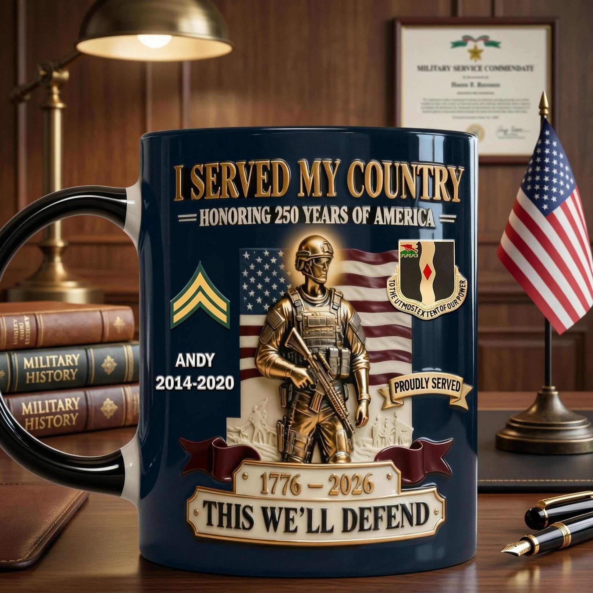 Custom Military Veteran Mug, 3D Embossed Soldier, 250 Years America Coffee Cup