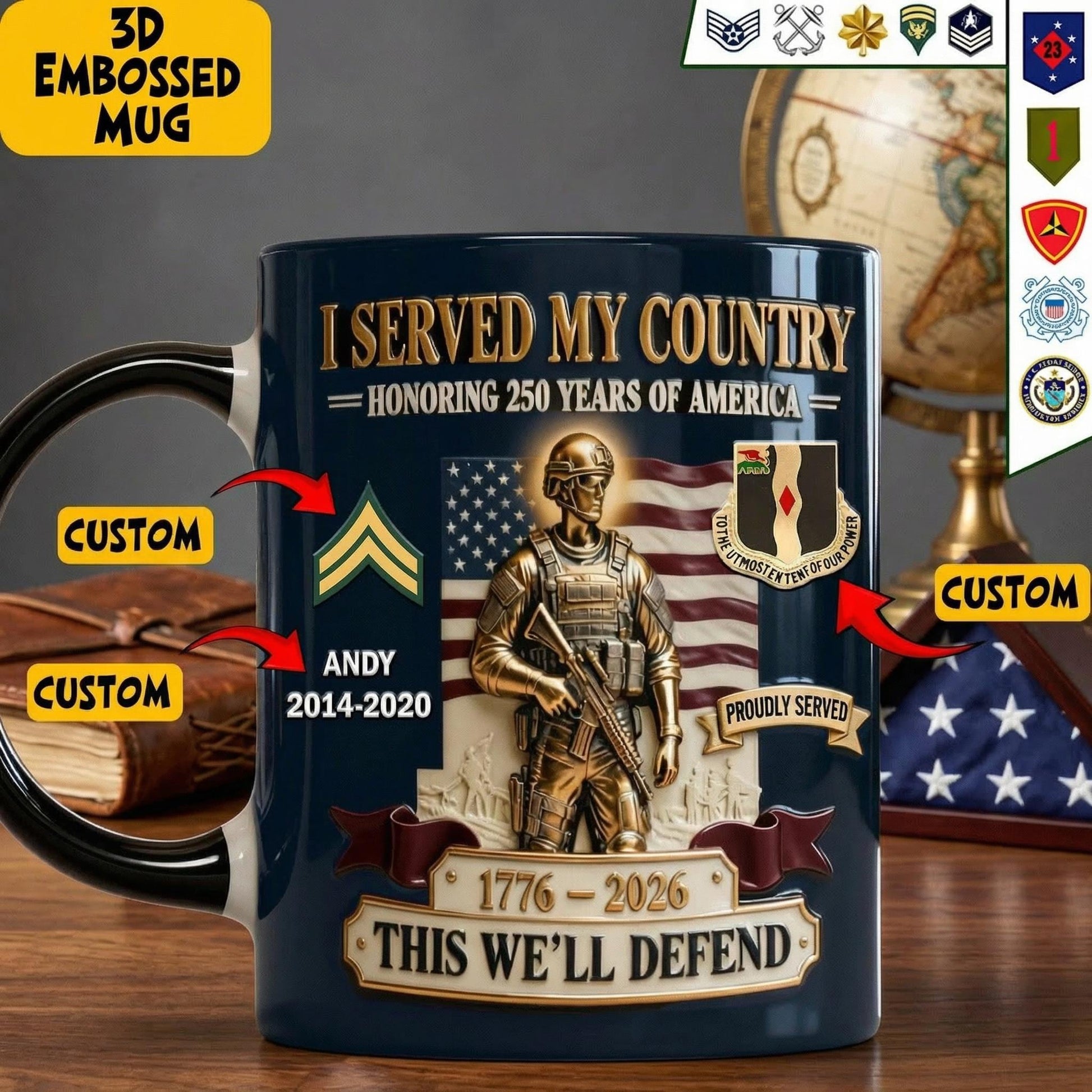 Custom Military Veteran Mug, 3D Embossed Soldier, 250 Years America Coffee Cup