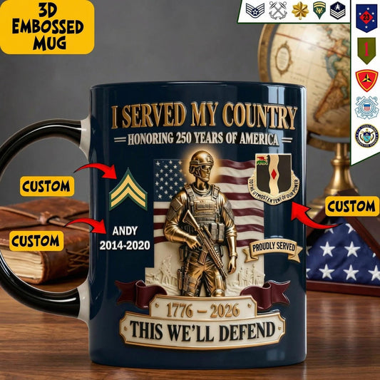 Custom Military Veteran Mug, 3D Embossed Soldier, 250 Years America Coffee Cup