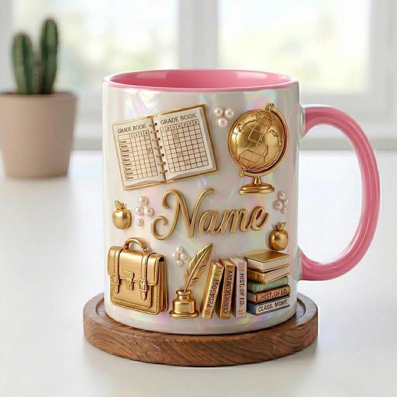 Personalized Teacher Mug 3D, Faux 3D Effect, Grade Book Globe Design