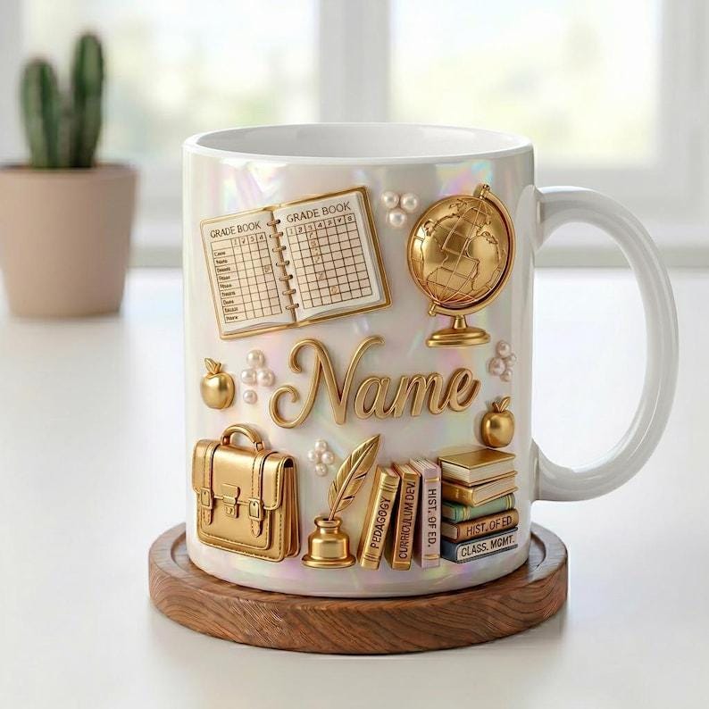 Personalized Teacher Mug 3D, Faux 3D Effect, Grade Book Globe Design