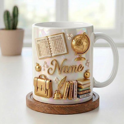 Personalized Teacher Mug 3D, Faux 3D Effect, Grade Book Globe Design
