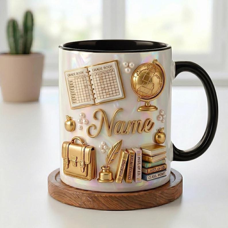 Personalized Teacher Mug 3D, Faux 3D Effect, Grade Book Globe Design