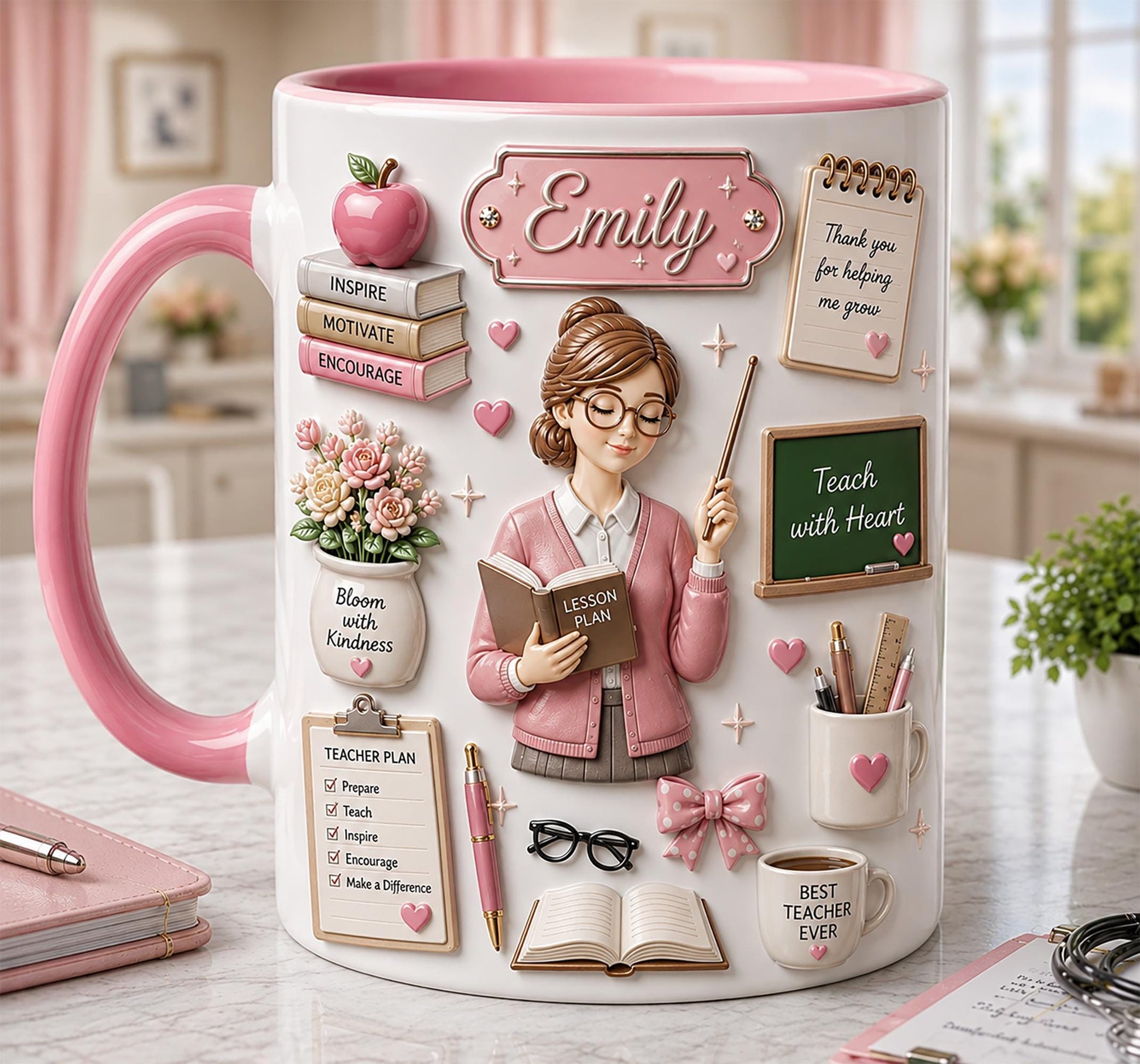 Personalized Teacher Mug 3D Embossed with Name, Back To School Teacher Cup, Teacher Appreciation Gift, Cute Teacher Gift for Her