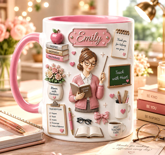 Personalized Teacher Mug 3D Embossed with Name, Back To School Teacher Cup, Teacher Appreciation Gift, Cute Teacher Gift for Her