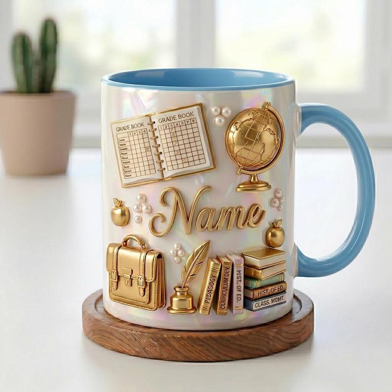Personalized Teacher Mug 3D, Faux 3D Effect, Grade Book Globe Design
