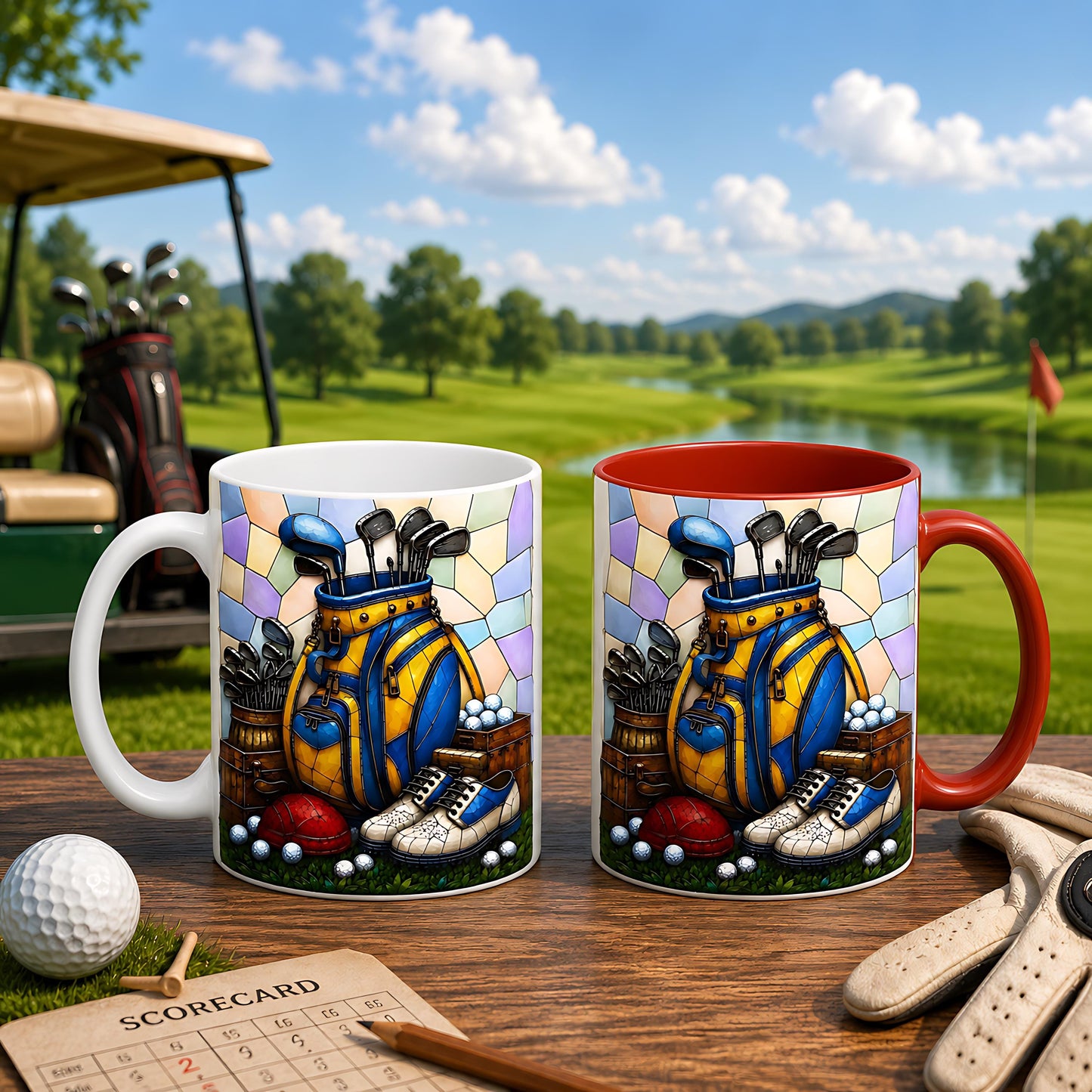 Personalized Golf Bag Ceramic Mug, Stained Glass Design, Golfer Gift