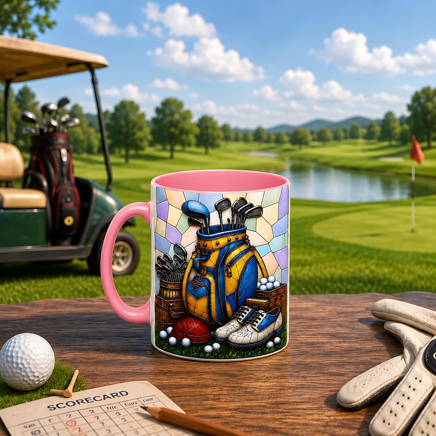 Personalized Golf Bag Ceramic Mug, Stained Glass Design, Golfer Gift