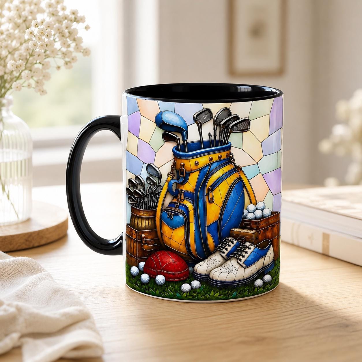 Personalized Golf Bag Ceramic Mug, Stained Glass Design, Golfer Gift