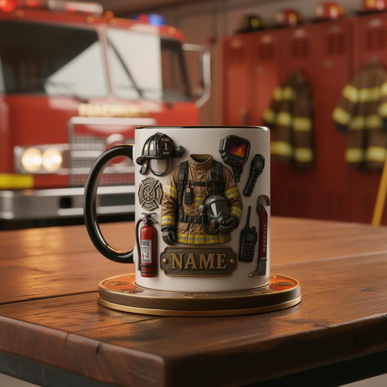 Personalized Firefighter Mug, Custom Name Ceramic Coffee Cup, Fire Gear Design