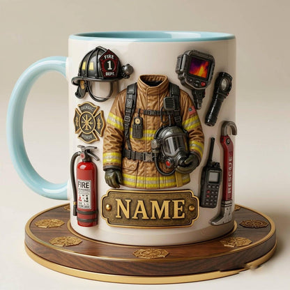 Personalized Firefighter Mug, Custom Name Ceramic Coffee Cup, Fire Gear Design