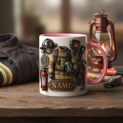 Personalized Firefighter Mug, Custom Name Ceramic Coffee Cup, Fire Gear Design