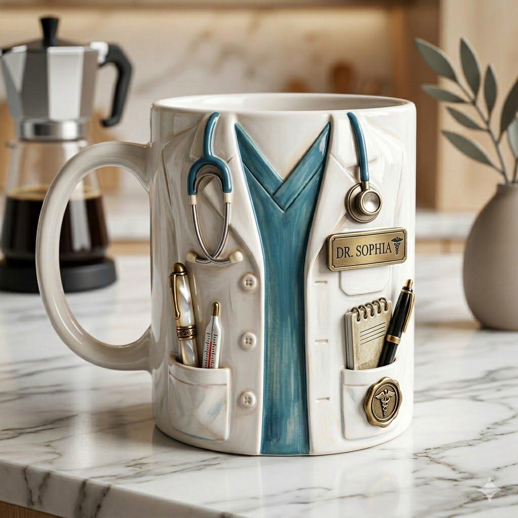 Personalized Doctor Mug, Custom Name Medical Coffee Cup, Faux 3D Stethoscope Design