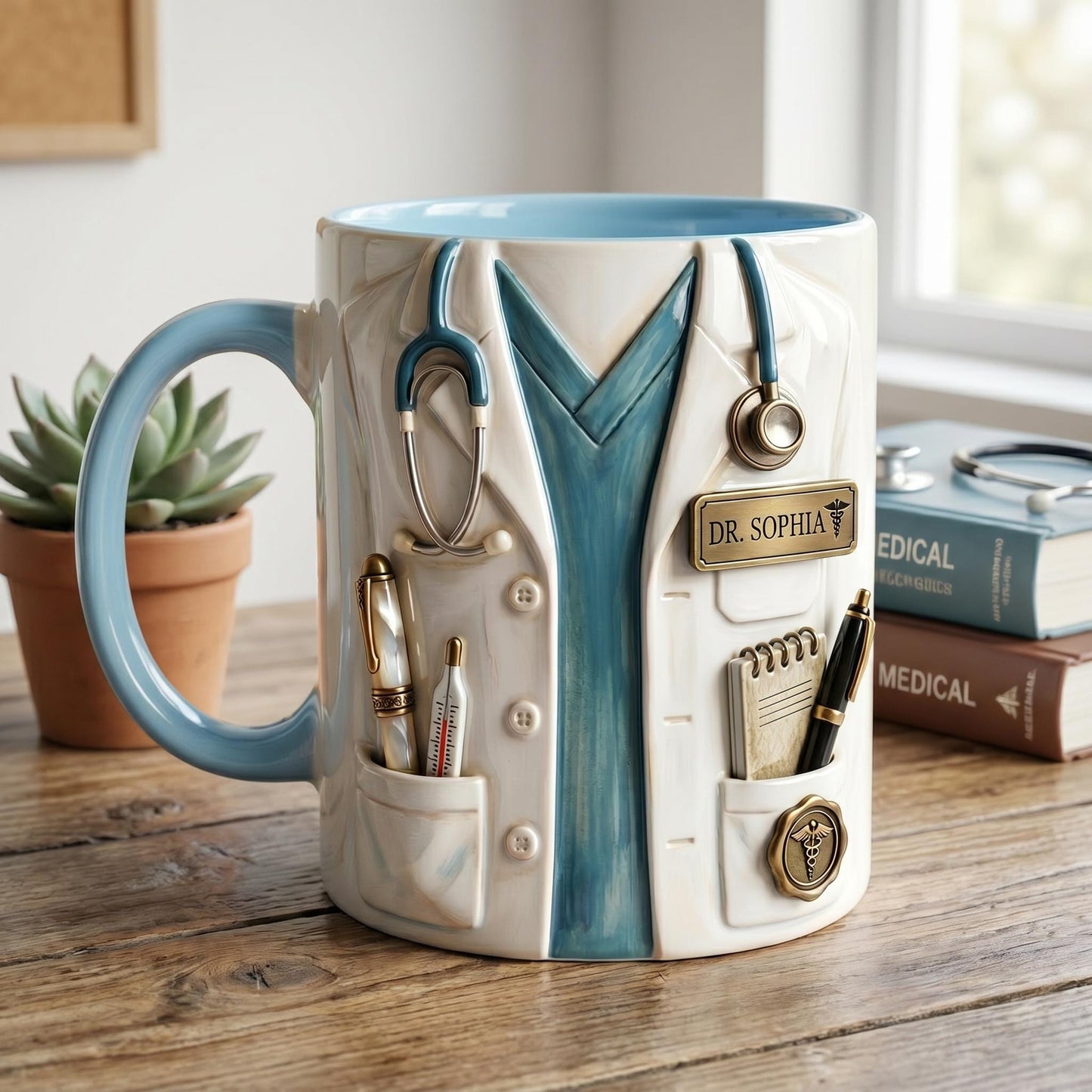 Personalized Doctor Mug, Custom Name Medical Coffee Cup, Faux 3D Stethoscope Design