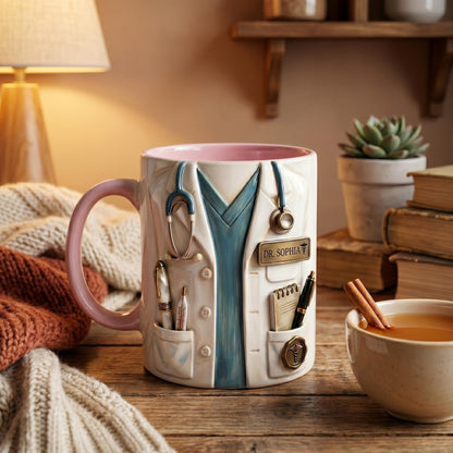 Personalized Doctor Mug, Custom Name Medical Coffee Cup, Faux 3D Stethoscope Design