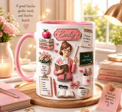 Personalized Teacher Mug 3D Embossed with Name, Back To School Teacher Cup, Teacher Appreciation Gift, Cute Teacher Gift for Her