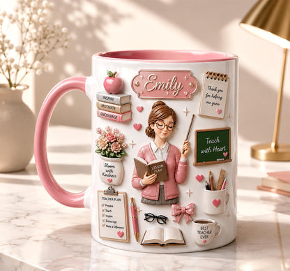 Personalized Teacher Mug 3D Embossed with Name, Back To School Teacher Cup, Teacher Appreciation Gift, Cute Teacher Gift for Her