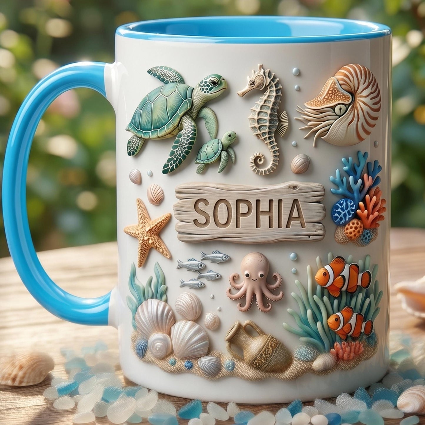 Custom Sophia Name Mug Personalized Sea Life Coffee Cup 3D Beach Theme Ceramic Mug Ocean Lover Birthday Gift Coastal Sea Shell Mug